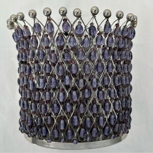 Wine Caddy Water Caddy Candle Holder‎ purple and silver Beads 4.5” x 5”